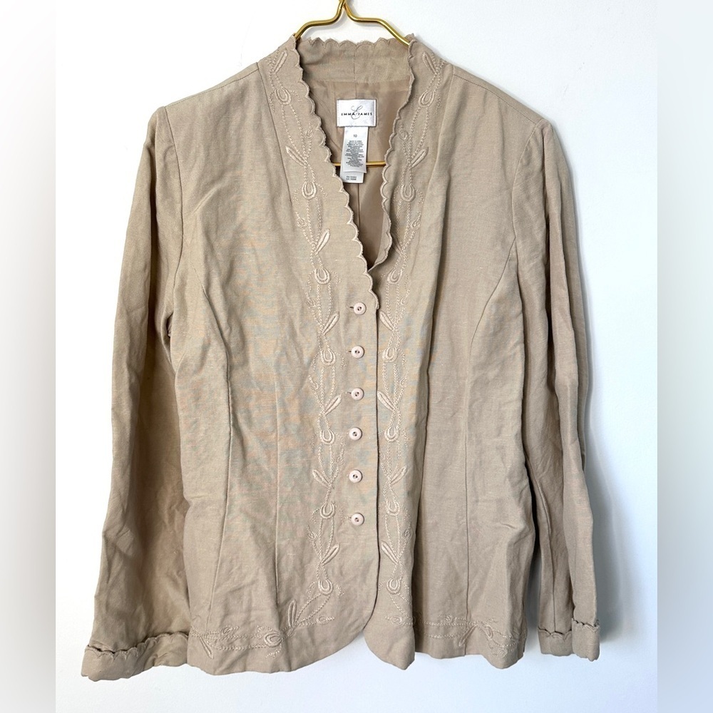 Emma James Beige Tan Linen Blend Lightweight Lined Embroidered Jacket Women’s 10